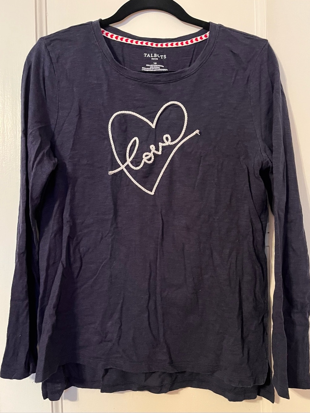 Talbots Petite Navy Blue Rope "Love" Heart Long Sleeve Tee Size Large Petite (LP